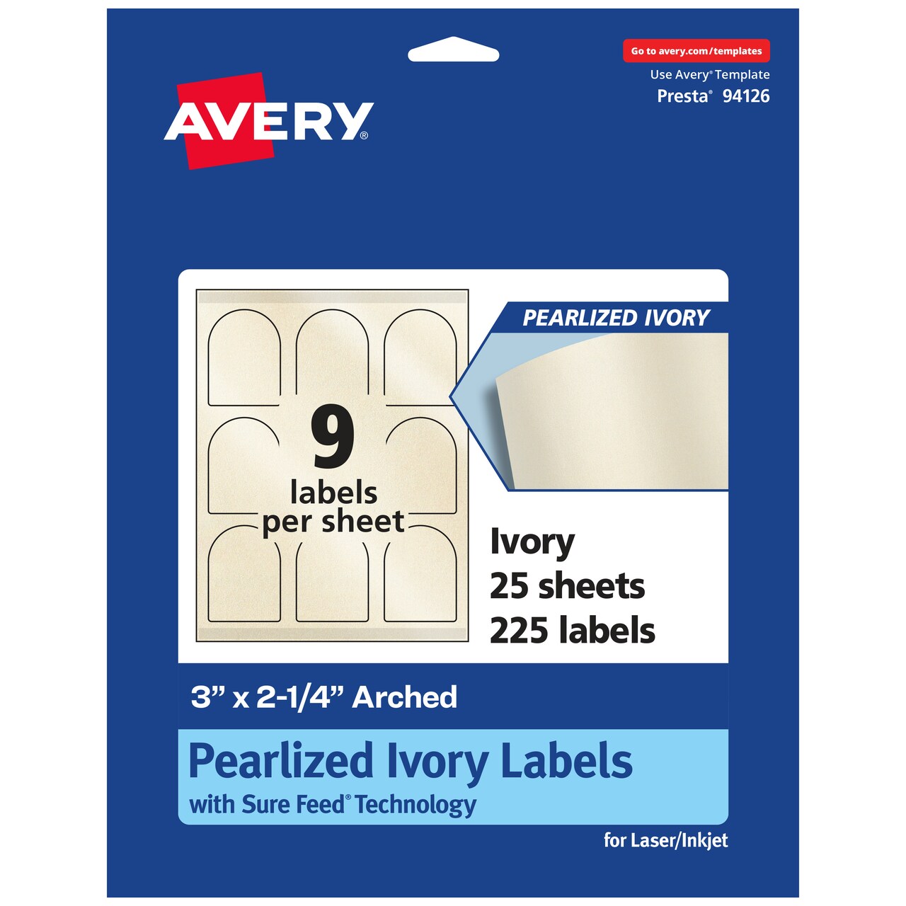 Avery Pearlized Ivory Arched Labels with Sure Feed Technology, Print-to-the-Edge, 3" x 2.25"